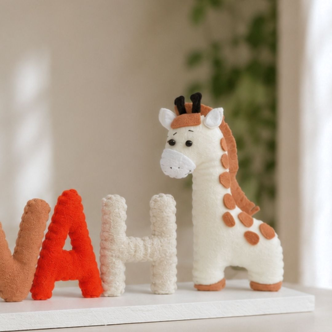 Gepersonaliseerd giraffe naambordje voor de babykamer met naam van het kindje, handgemaakt als uniek kraamcadeau