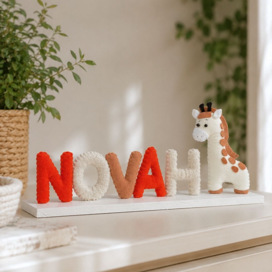 Gepersonaliseerd giraffe naambordje voor de babykamer met naam van het kindje, handgemaakt als uniek kraamcadeau.